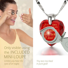 925 Silver I Love You Necklace 12 Languages Gold Inscribed and Crystal Earrings Heart Jewelry Set
